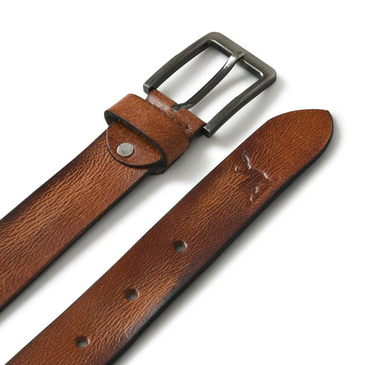 Chaplin buffalo leather belt with brown strap and rectangular metal buckle on Tampa Home & Garden Store