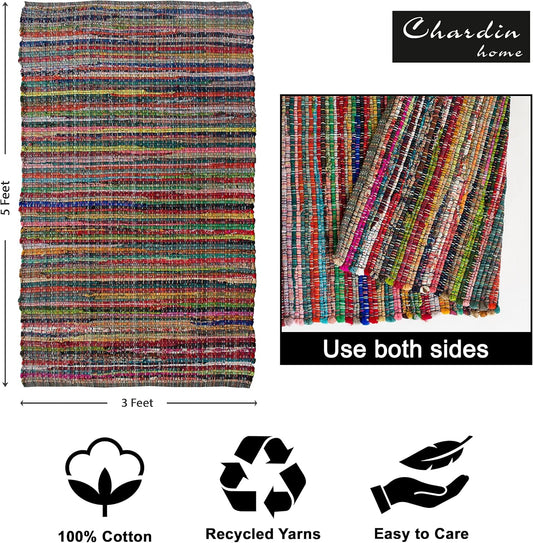 Chardin Home Recycled Cotton Rag Rug vibrant multicolor stripes, 5 ft x 3 ft on Tampa Home & Garden Store
