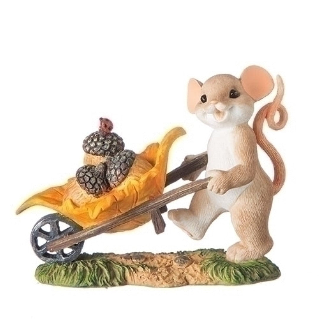 Charming Tails mouse with wheelbarrow figurine, hand-painted polyresin harvest decor on Tampa Home & Garden Store