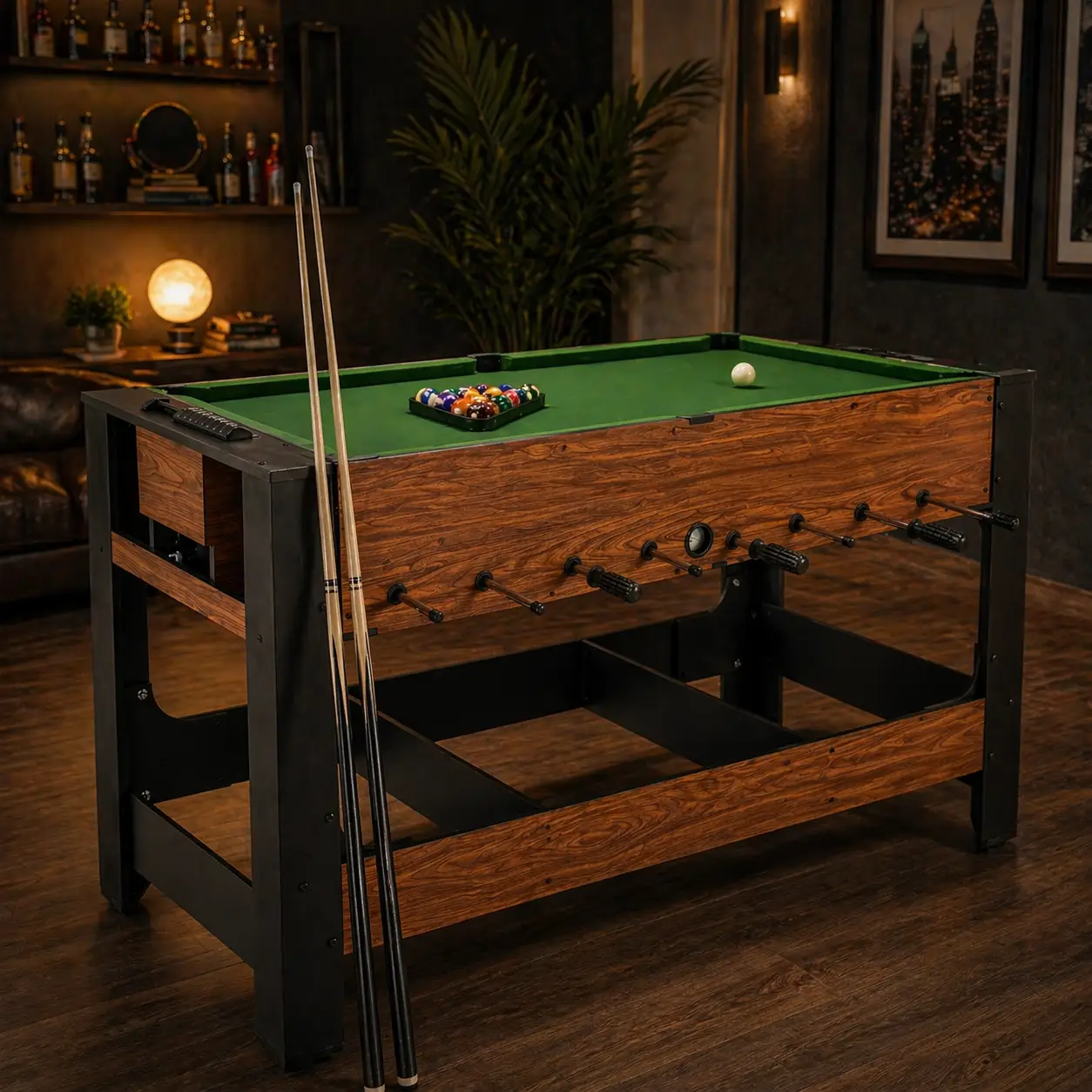 2-in-1 Foosball and Pool Combo Table wood finish, black frame, green felt, two cues on Tampa Home & Garden Store