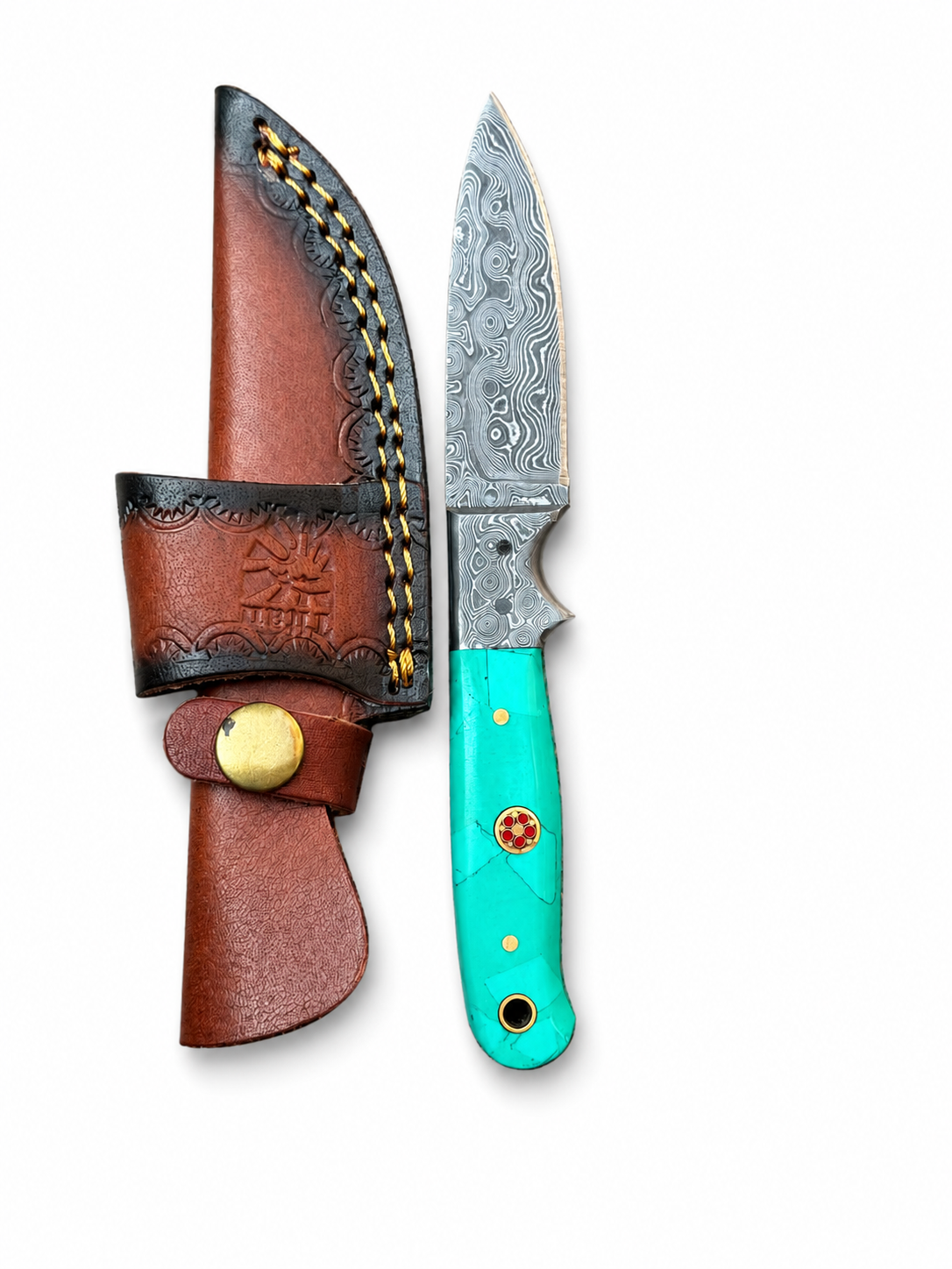 Blue Timber Hunter TKT-27 fixed blade knife with handle and Damascus blade in leather sheath on Tampa Home & Garden Store