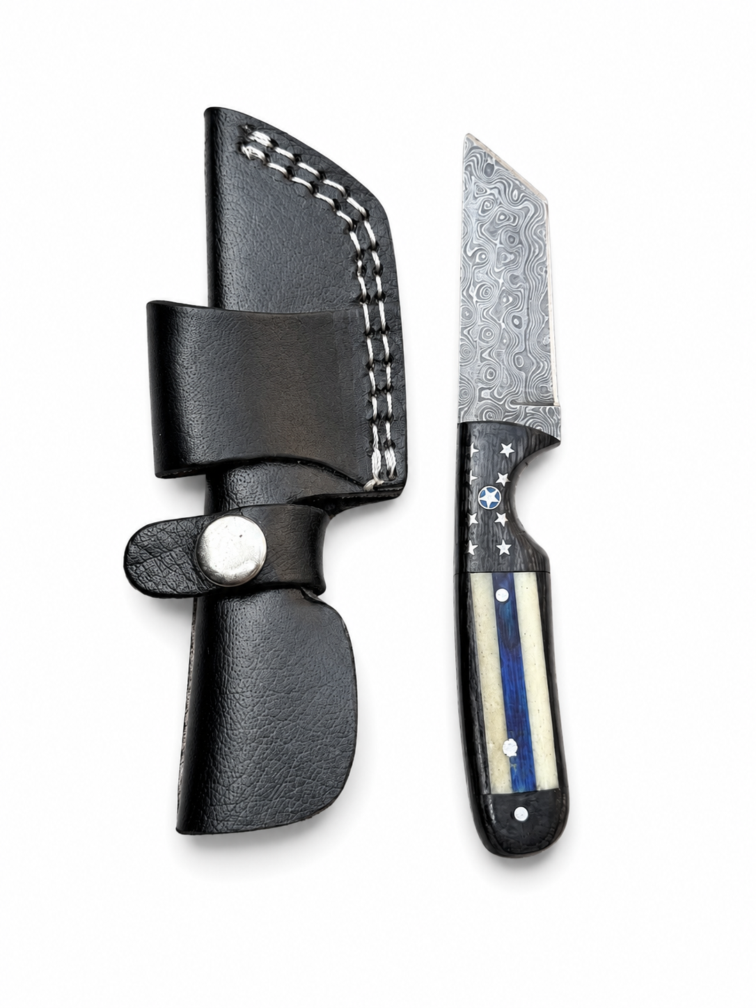 Midnight Patriot Hunter TKT-30 fixed blade with damascus blade and handle leather sheath on Tampa Home & Garden Store