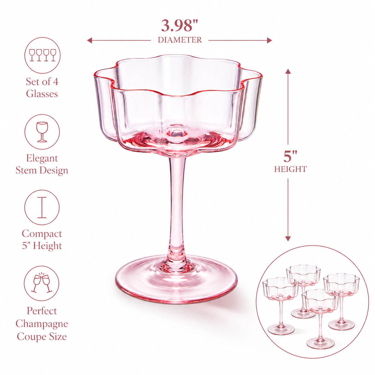 Pink Wave Glass Coupe Cocktail Set of Four