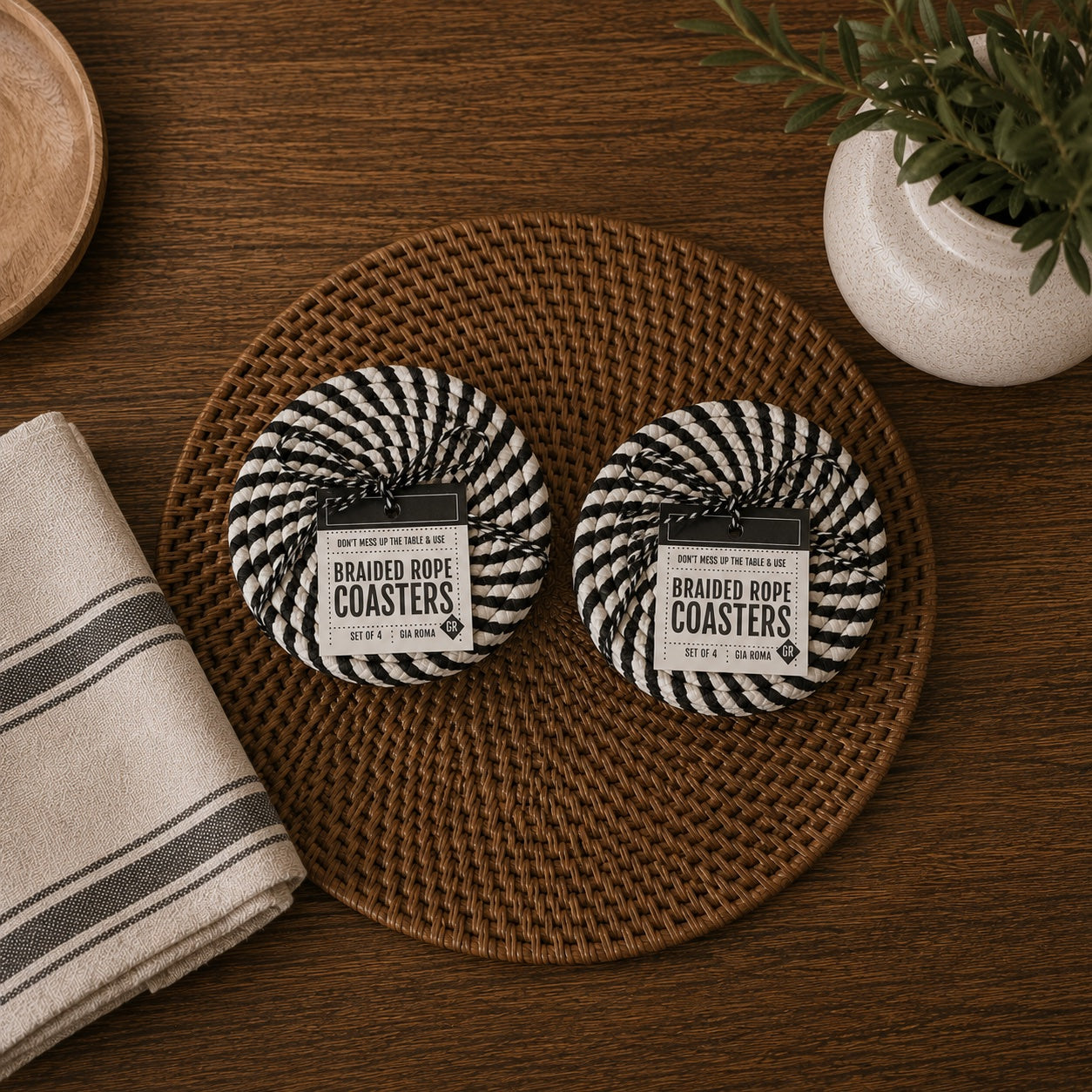 Fall Fabric Coasters Gia Roma braided rope coasters in black white on woven placemat 2 coasters on Tampa Home & Garden Store