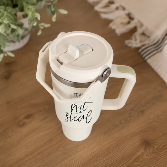 Hit & Steal 40oz travel mug Gia Roma white tumbler with secure lid and built in handle on Tampa Home & Garden Store