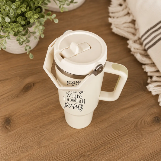 Baseball Pants 40oz travel tumbler by Gia Roma, white with black script and attached lid on Tampa Home & Garden Store