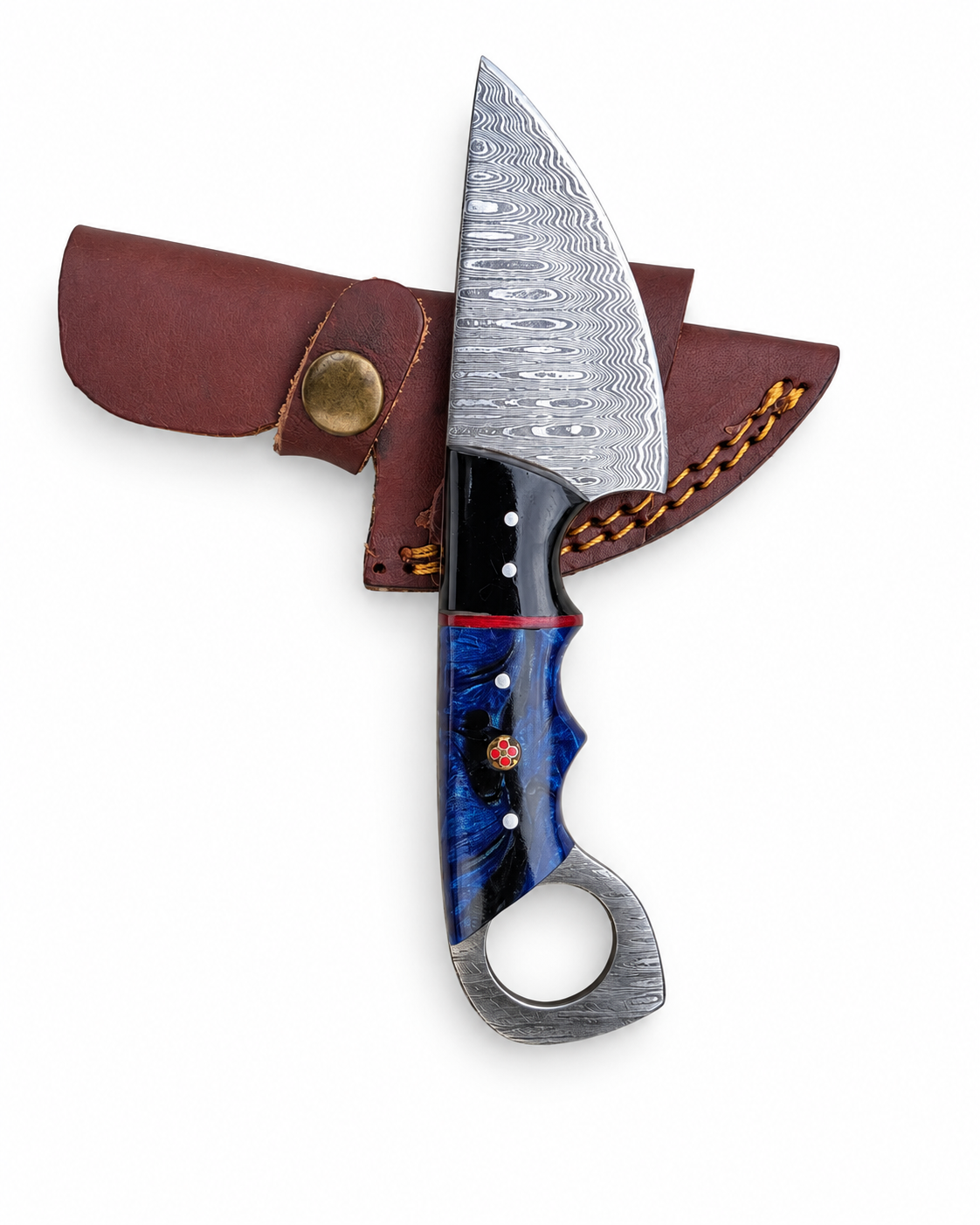 Blue Wave Damascus utility knife with ring handle and leather sheath Titan International K on Tampa Home & Garden Store