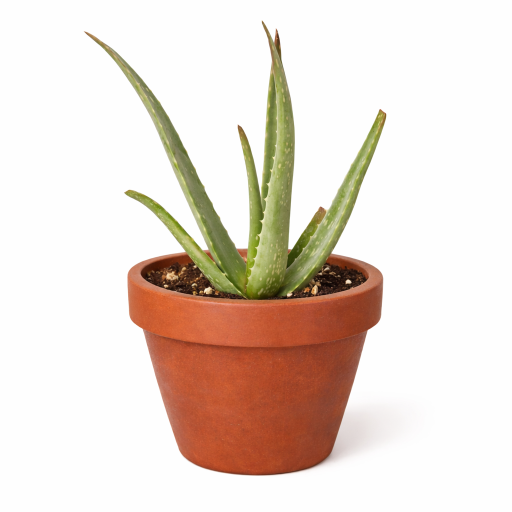 Aloe Vera potted houseplant with long green spears in a terracotta pot, Rooted Treasures Farms on Tampa Home & Garden Store