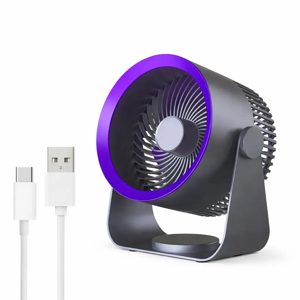 Portable Moktan Sabai desk fan with purple ring, 4000mAh battery, USB charging cable on Tampa Home & Garden Store