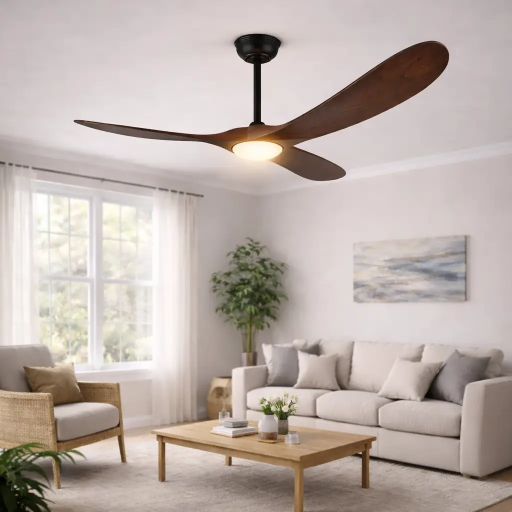 52 Inch Walnut Ceiling Fan with LED Light 3-Blade DC Remote in living room on Tampa Home & Garden Store