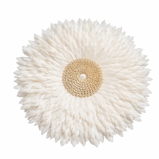 Feather Juju Hat wall hanging with white feathers and shell center Moktan Sabai tapestry on Tampa Home & Garden Store