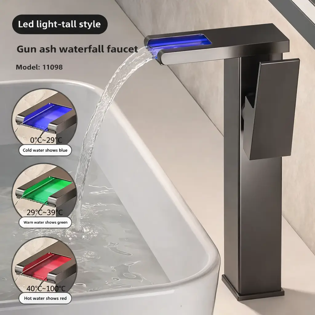 Led bathroom sink faucet Moktan Sabai with blue LED light, hot/cold brass tap on Tampa Home & Garden Store