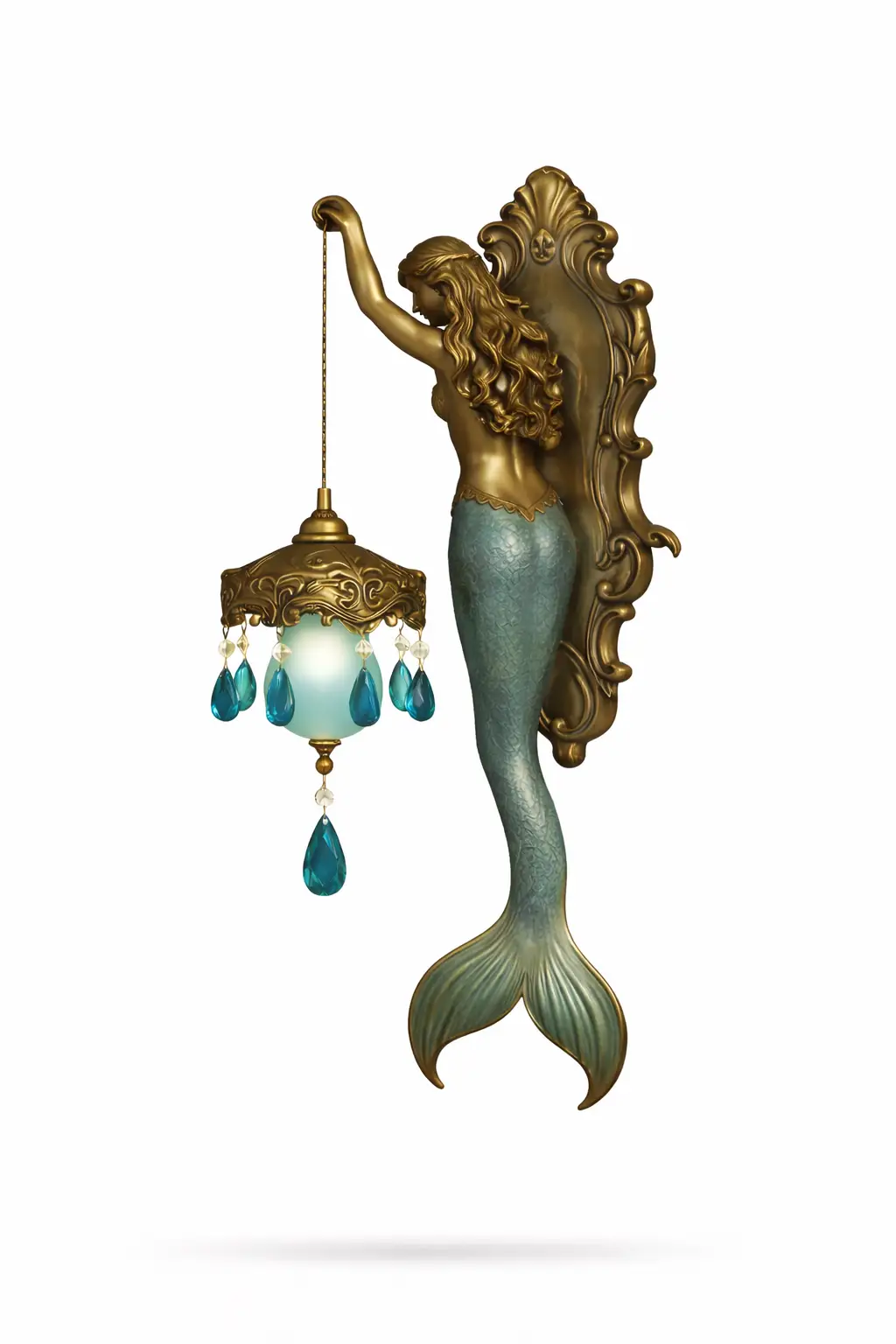 Mermaid wall sconce with gold backplate and turquoise tail, crystal lantern with teal drops on Tampa Home & Garden Store
