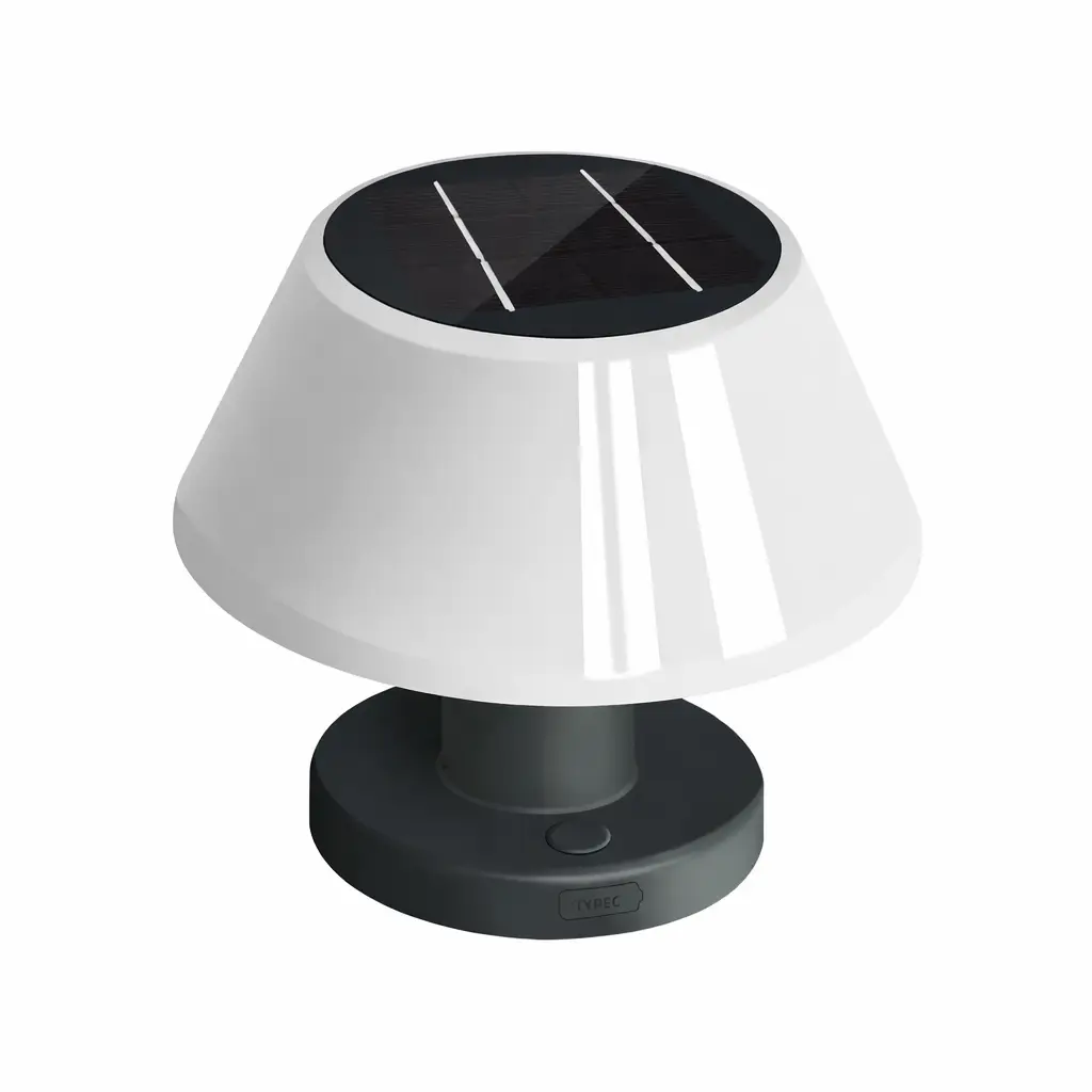 Solar LED cordless table lamp Moktan Sabai, white conical shade with solar top on Tampa Home & Garden Store
