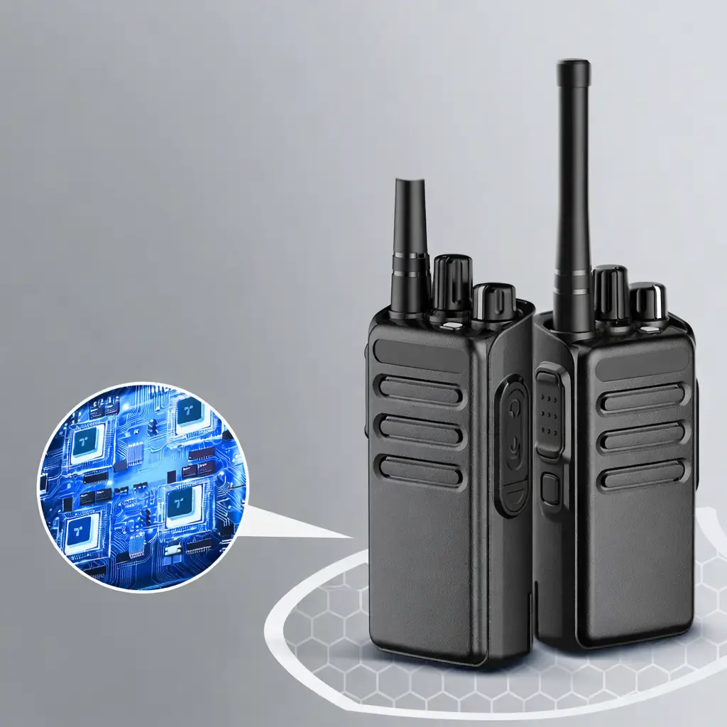 Mini Walkie Talkie UHF long-range two-way radios, black handheld pair with tall antenna on Tampa Home & Garden Store