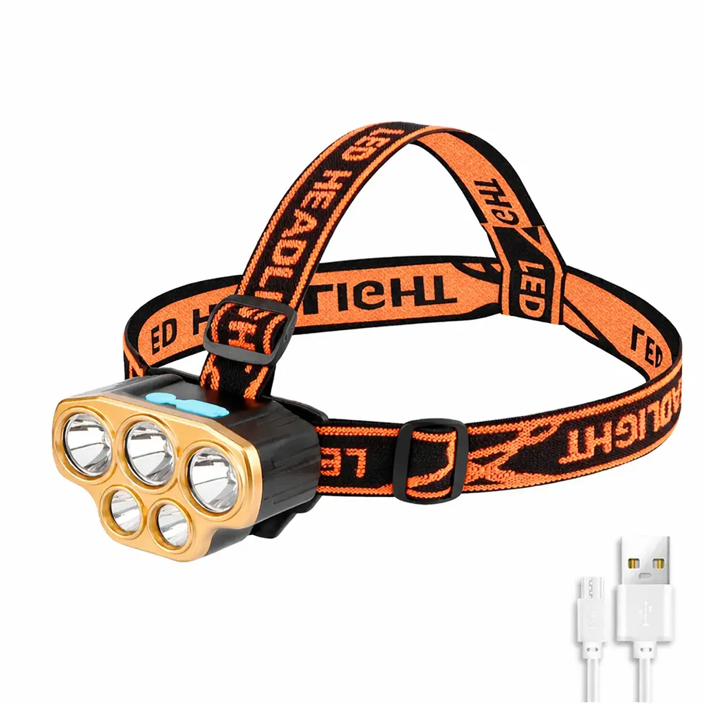 Rechargeable 8 LED headlamp with orange strap and gold bezel for camping USB charging included on Tampa Home & Garden Store