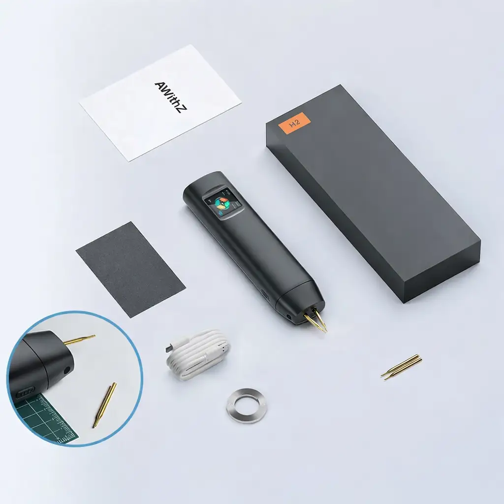 AWithZ handheld spot welder in black with a display, includes gold tips and H2 labeled box on Tampa Home & Garden Store