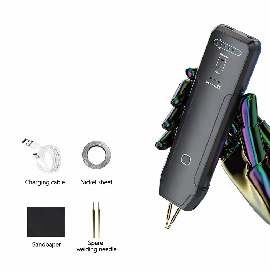 Awgem Handheld Spot Welder with 90 gears dark gray body includes charging cable and nickel sheet on Tampa Home & Garden Store