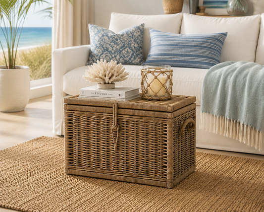 Key Largo Rattan Storage Trunk by The Broward Design Center, natural woven wicker with lid on Tampa Home & Garden Store