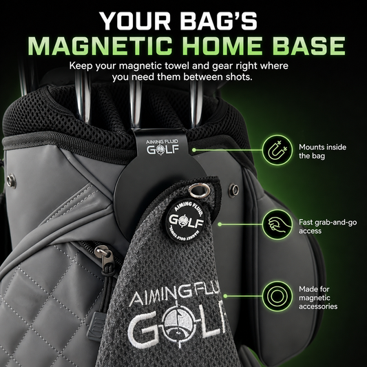 Magnetic Landing Pad golf towel dock mounts inside golf bag, black, Aiming Fluid Golf on Tampa Home & Garden Store