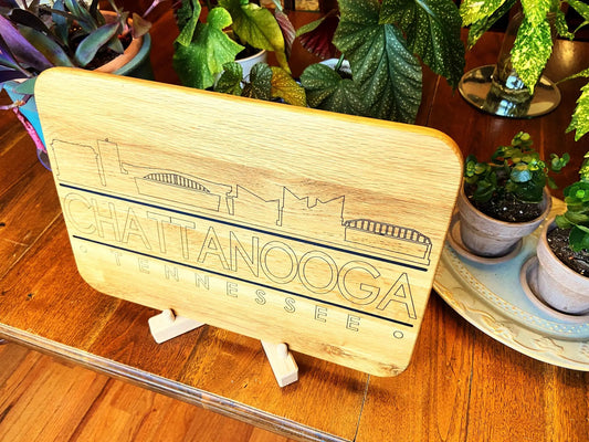 Chattanooga Skyline Charcuterie Board with engraved skyline on white oak on Tampa Home & Garden Store