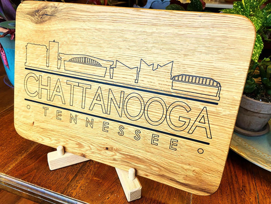 Chattanooga Skyline White Oak Charcuterie Board with engraved city skyline design on Tampa Home & Garden Store