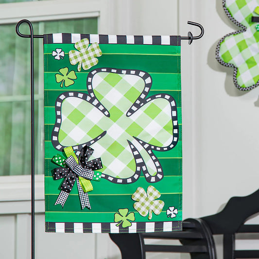 Check Clover Garden Applique Flag with Bow Accent, green plaid clover motifs on Tampa Home & Garden Store