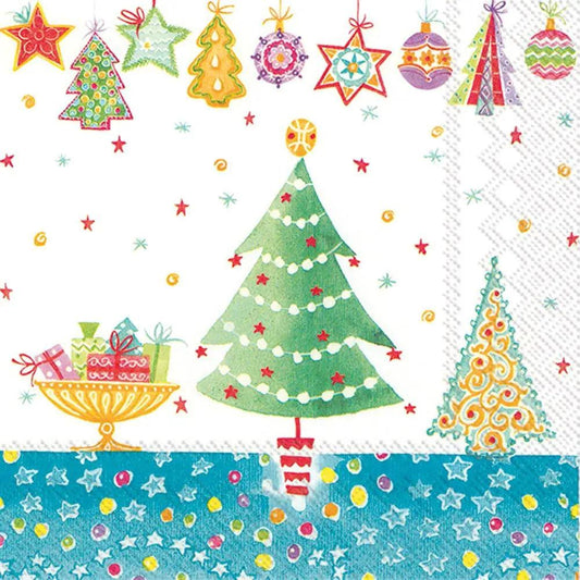 Cheery Christmas Blue Cocktail Napkins 20 Pack by Country Loft with blue trees and gifts on Tampa Home & Garden Store