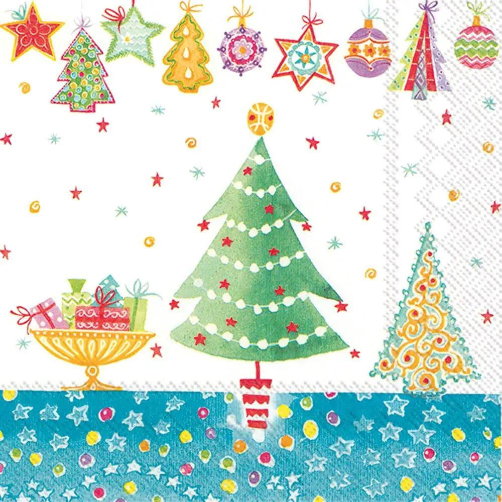 Cheery Christmas Blue Cocktail Napkins 20 Pack by Country Loft with blue trees and gifts on Tampa Home & Garden Store