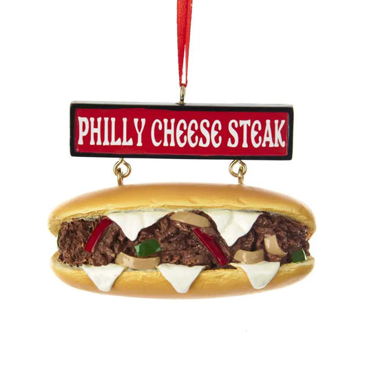 Cheese Steak Sandwich Ornament with Sign by Kurt Adler, red sign, brown meat, white cheese on Tampa Home & Garden Store