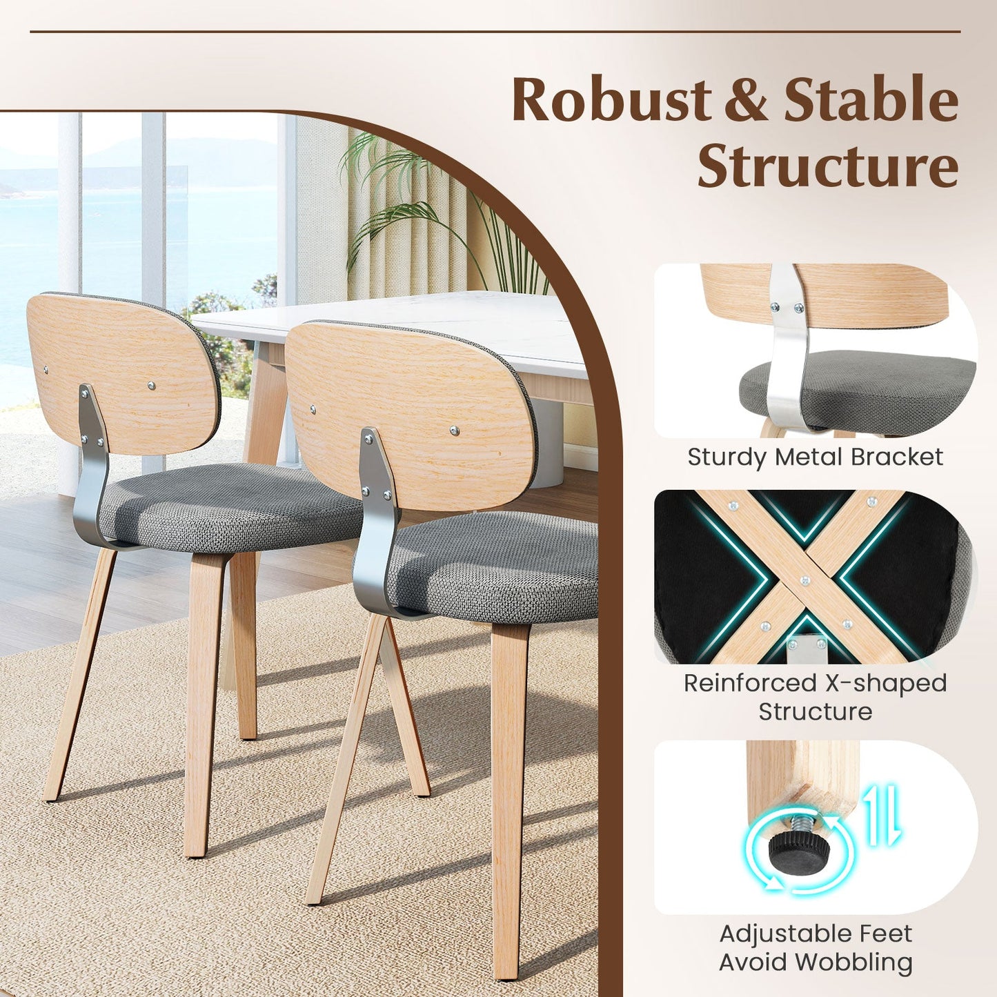 DirectDeals Chenille fabric wooden kitchen chairs set of 2 with gray upholstered seats on Tampa Home & Garden Store