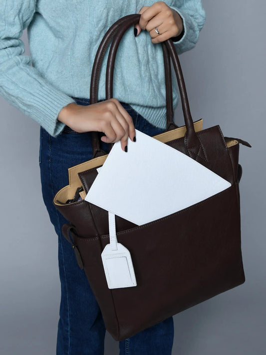 Chestnut Charm brown leather tote by Classy Leather Bags with dark brown handles on Tampa Home & Garden Store