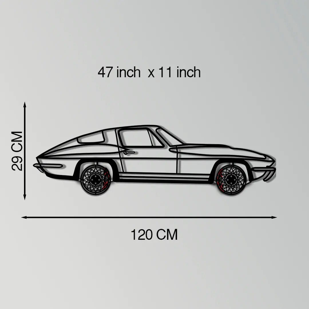 Chevrolet Corvette Stingray metal wall art with wheels; black line-art silhouette 47in x 11in on Tampa Home & Garden Store