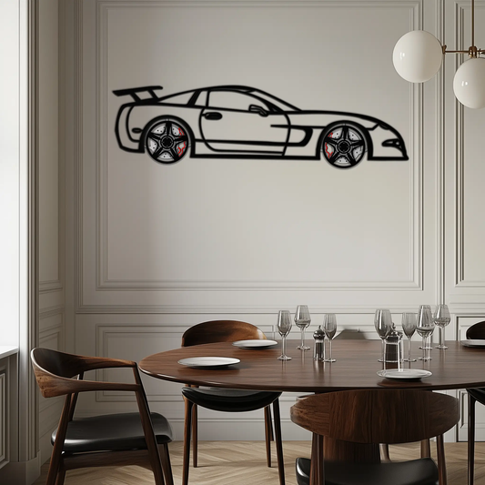 Chevrolet Corvette C5 metal wall art with rotating wheels, black outline on white Enova Art on Tampa Home & Garden Store
