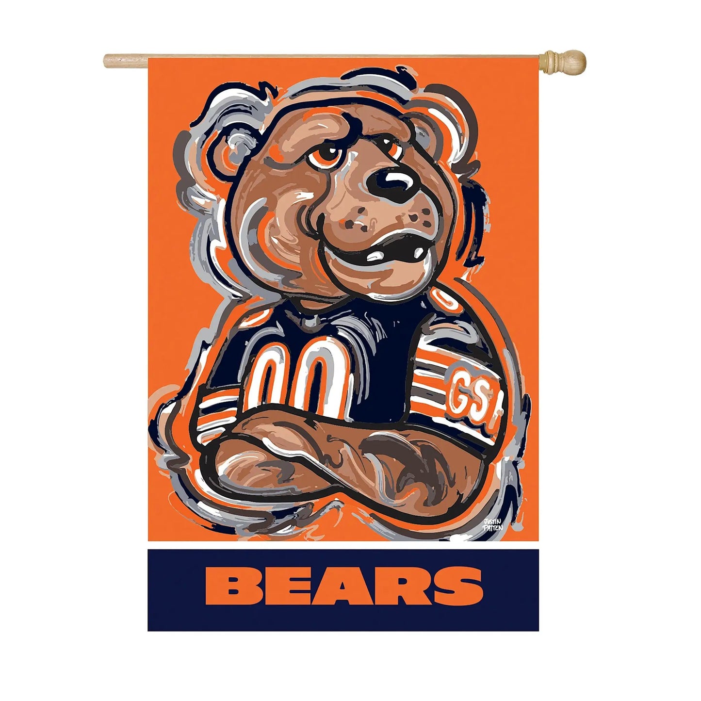 Suede flag Chicago Bears artwork by Justin Patten with orange background and BEARS lettering on Tampa Home & Garden Store