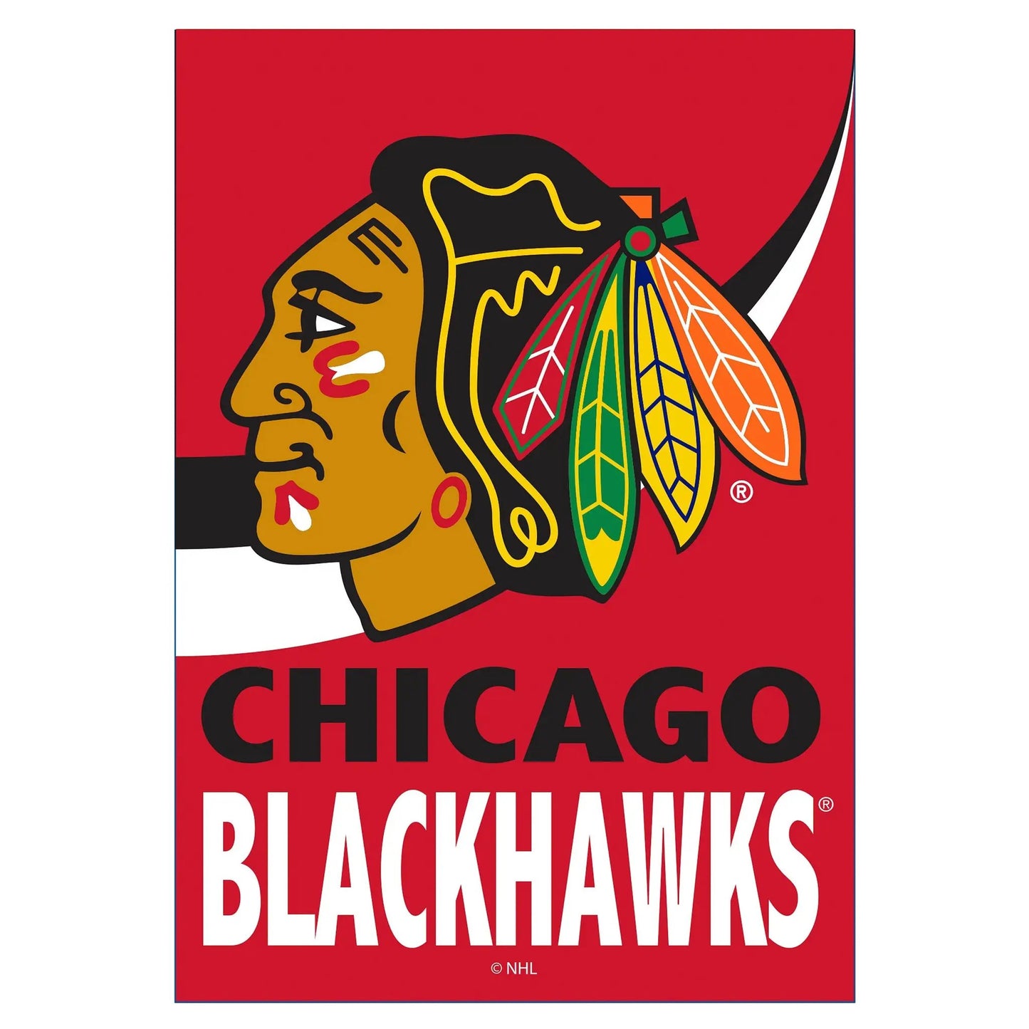 Burlap Flag Chicago Blackhawks logo on red background by Evergreen Enterprises on Tampa Home & Garden Store
