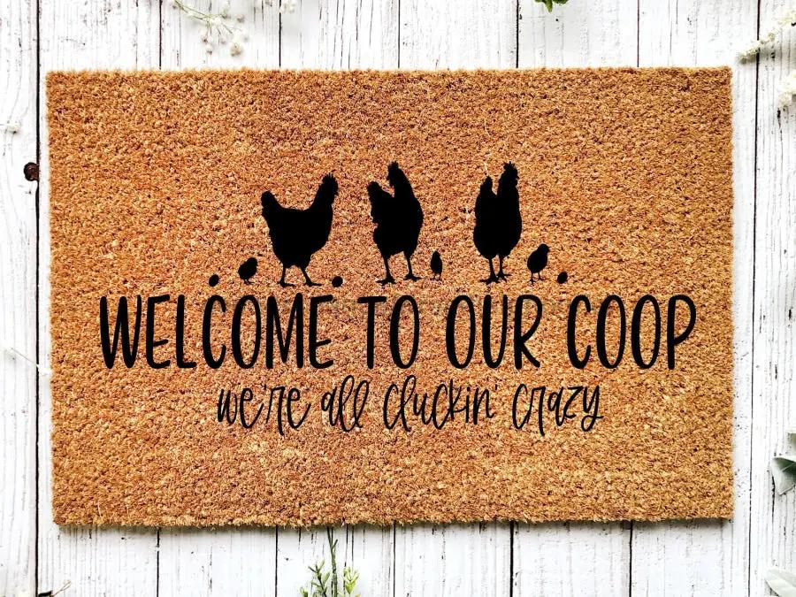 Chicken Doormat DecoExchange coir mat with chicken silhouettes and Welcome To Our Coop on Tampa Home & Garden Store