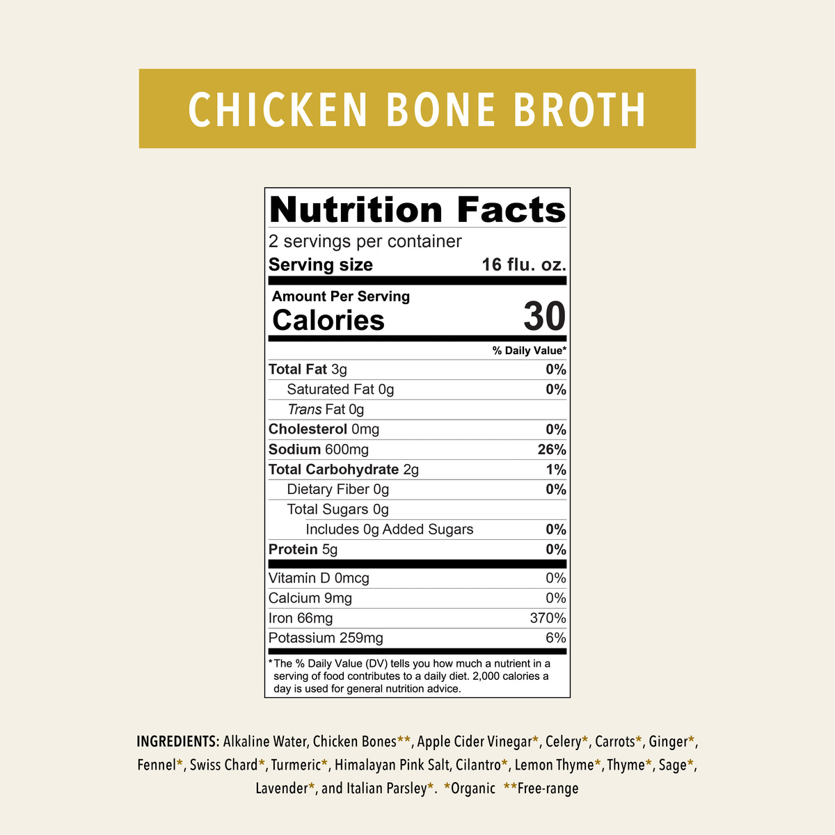 Organic Chicken Bone Broth Elixir CHICKEN BONE BROTH on mustard banner with nutrition panel on Tampa Home & Garden Store
