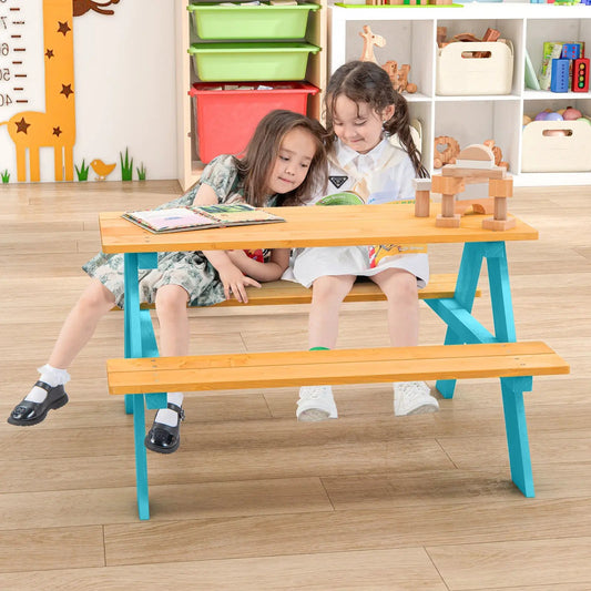 Children's outdoor wooden table with benches, natural top, turquoise legs DirectDeals 2 kids on Tampa Home & Garden Store