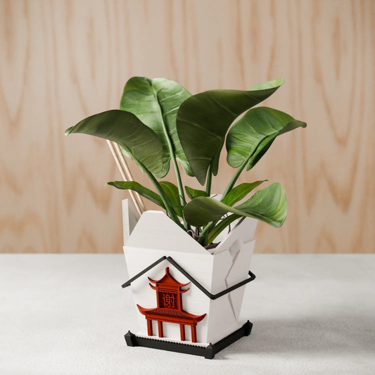 Chinese Takeout Planter white box with red pagoda, green plant Modernized Pottery on Tampa Home & Garden Store