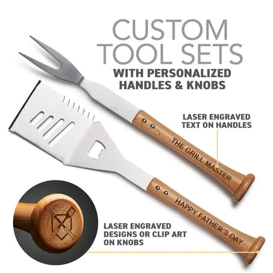 Baseball BBQ grill tool set (2 pc) with laser engraved wooden handles on Tampa Home & Garden Store