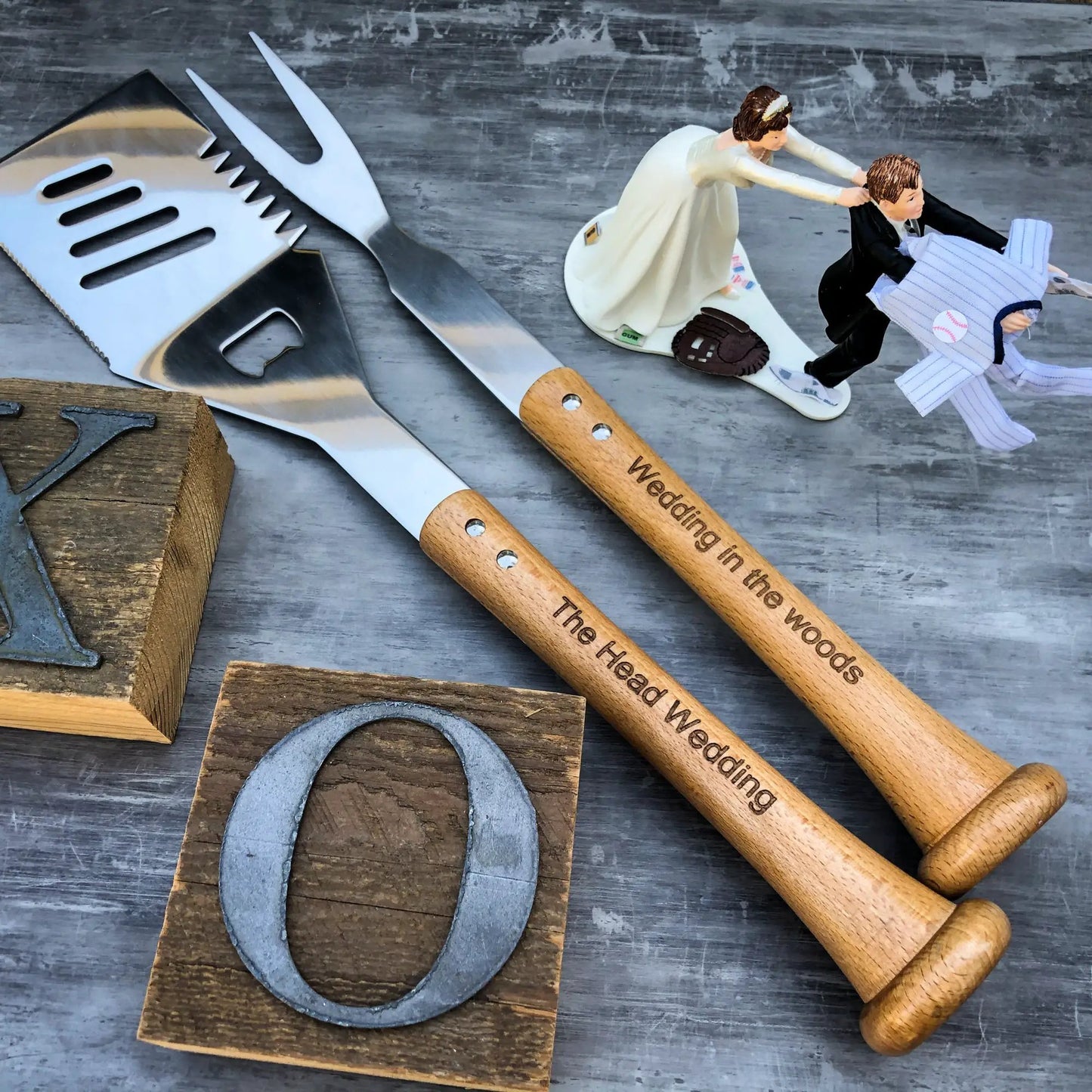 Baseball BBQ grill tool set of 3 with wooden handles and engraving, wedding toppers visible on Tampa Home & Garden Store