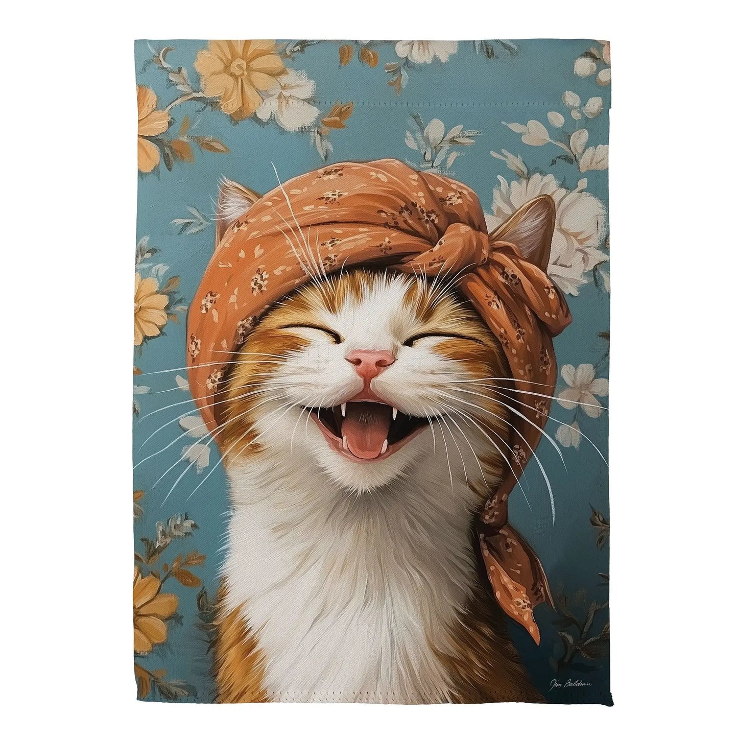 Christine the Joyful Cat suede garden flag orange tabby on blue backdrop Evergreen Enterprises on Tampa Home & Garden Store