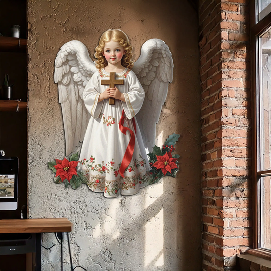 Christmas Angel UV-printed metal wall art with white gown and cross on Tampa Home & Garden Store