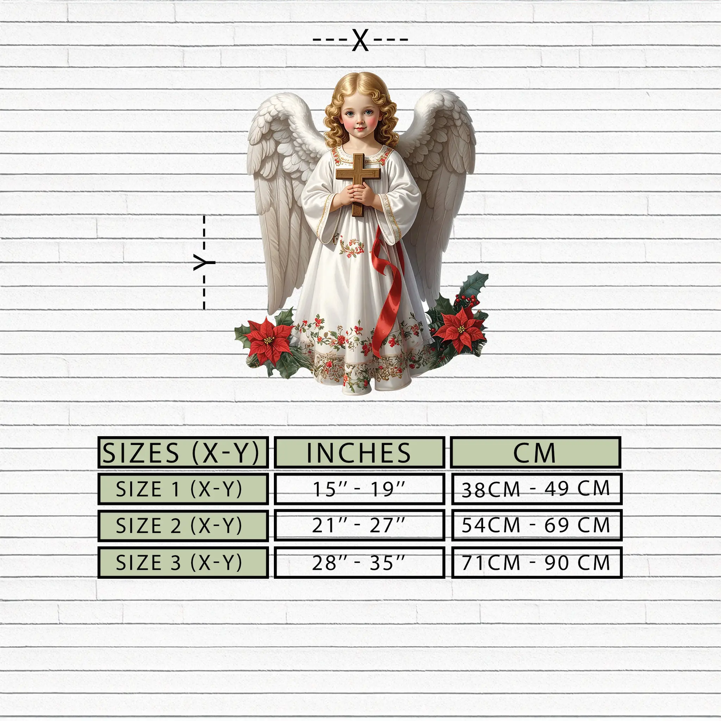 Christmas Angel UV-Printed Metal Wall Art Holy Child decor by Enova Art, white gown, gold cross on Tampa Home & Garden Store