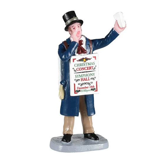 Christmas Concert Sandwich Sign Man statue in blue coat Country Christmas Loft village accessory on Tampa Home & Garden Store