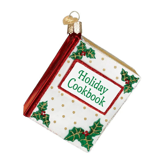 Christmas Cookbook Glass Ornament red spine green holly accents by Country Christmas Loft on Tampa Home & Garden Store