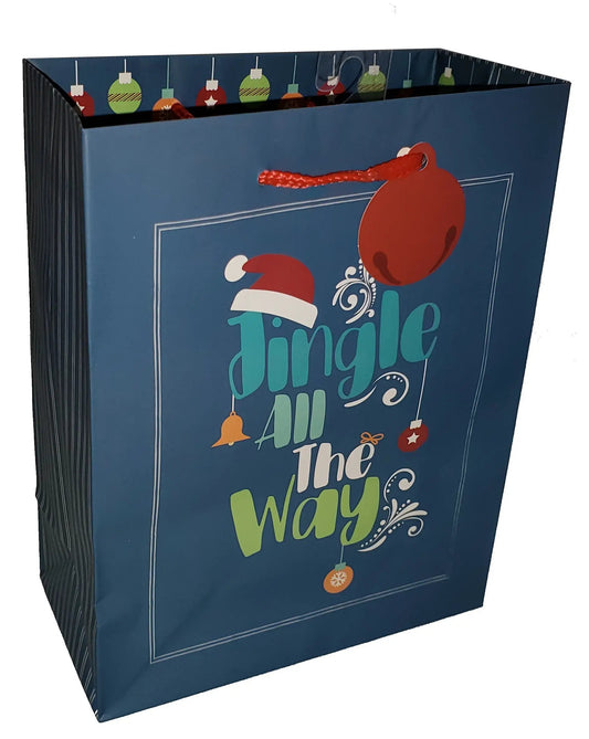 Gift bag All the Way Christmas lettering, blue with red rope handle and ornaments on Tampa Home & Garden Store