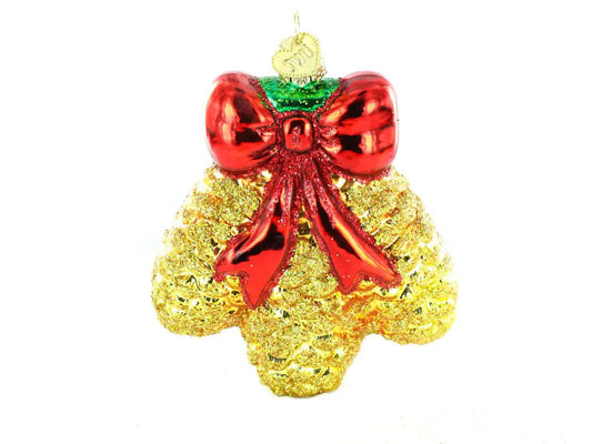 Gold pinecone ornament with red bow, Christmas ornament The Country Christmas Loft on Tampa Home & Garden Store