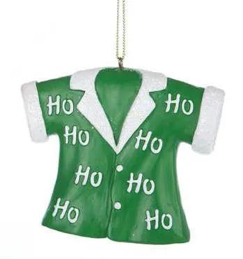Green Ho Ho Ho Christmas shirt ornament with white lapels and cuffs, HO HO HO print, hanging chain on Tampa Home & Garden Store